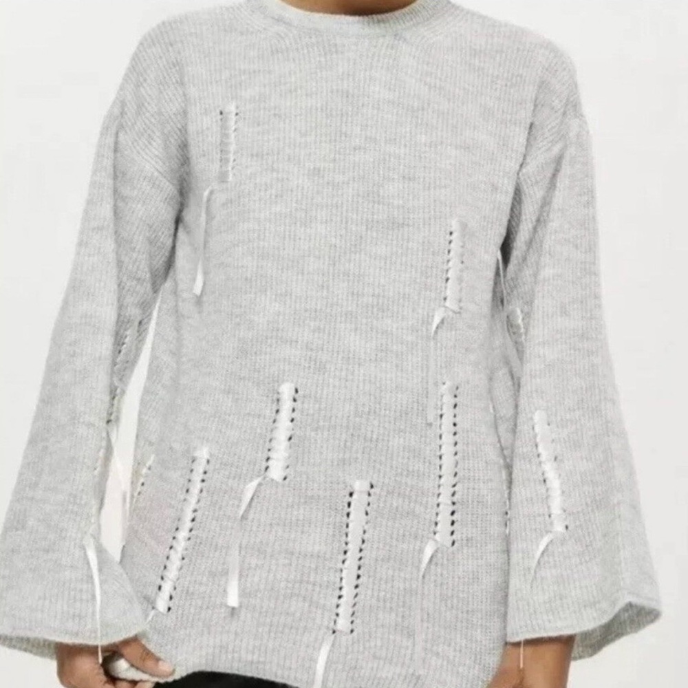 TOPSHOP Women’s Heather Gray Ribbed Ribbon Detail Sweater
